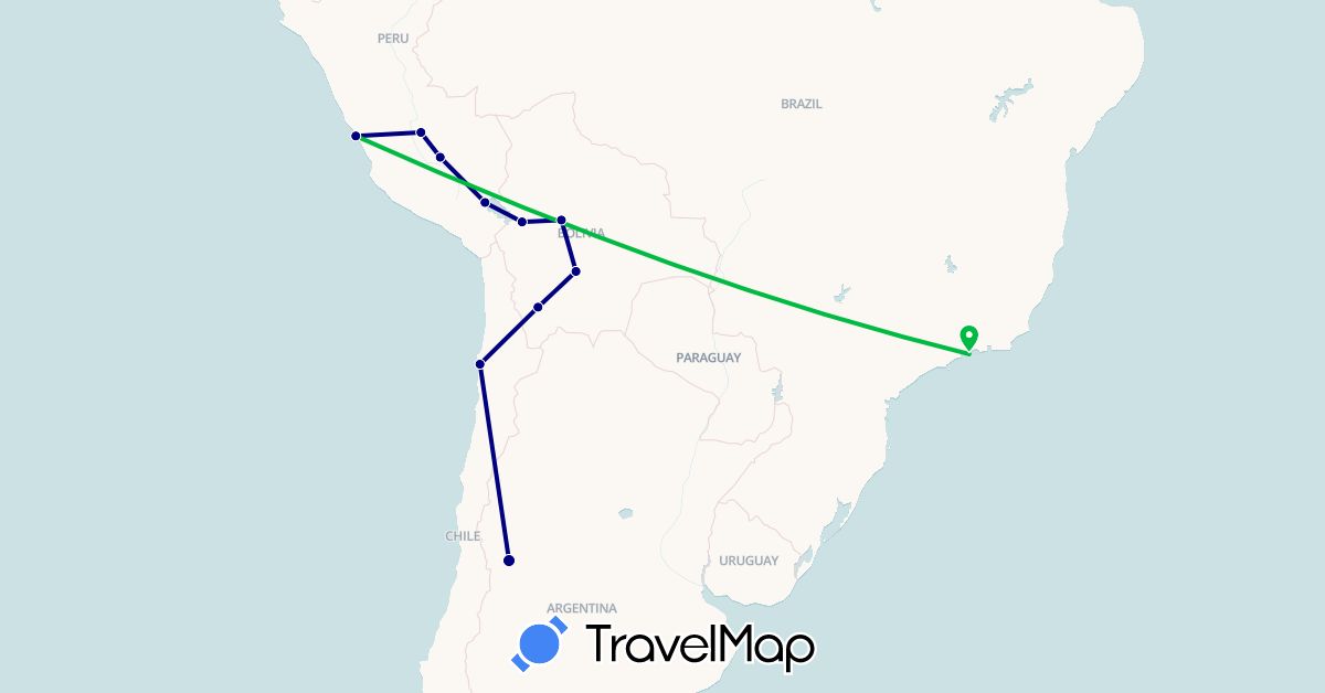 TravelMap itinerary: driving, bus in Argentina, Bolivia, Brazil, Chile, Peru (South America)